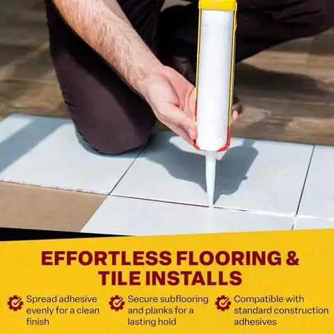 Applying adhesive with Contractor Grade Caulk Gun With 29 Oz Cartridge Capacity And Dripless Design For Minimal Mess on floor tiles