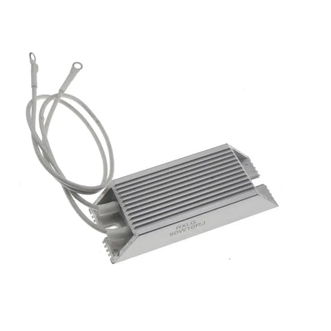 Side view of RXLG 50W aluminum-cased servo braking resistor with ribbed heatsink and two white leads.