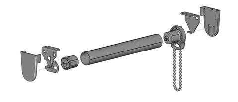 Exploded view of R3 Roller Shade Clutch for 1 1/8" Tube - Natural, showing components including clutch, tube, and chain mechanism.