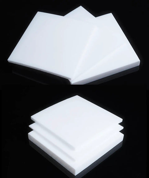 White PTFE Plastic Sheet 200mm by 200mm 5mm Thick Nonstick High Performance Board for Industrial and DIY Projects stacked on a black surface.