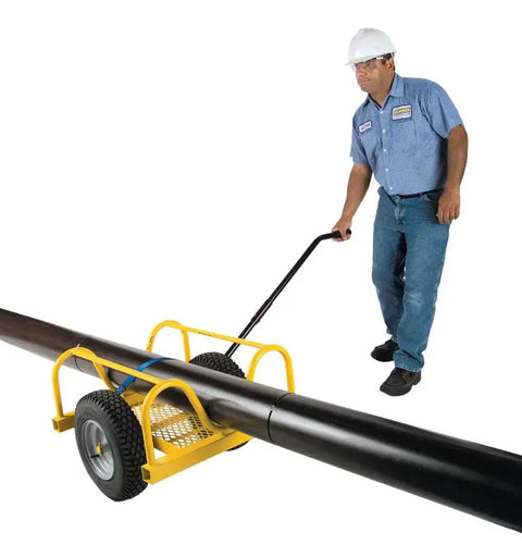 Cricket Material Carrier For 20 Foot Pipe Up To 1000 Pound with worker pulling a 20-ft pipe on tubed tires for job site use