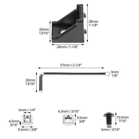 Black Aluminum Extrusion Profile Connector Kit For 20S 2020 Series showing corner bracket, T-slot nut, M5 screw, and wrench dimensions