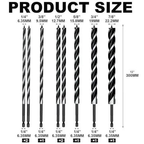 8 Piece 12 Inch Long Auger Drill Bit Set For Wood With Quick Change Hex Shank Pro Grade Workhorse One Quarter To Seven Eighths Inch Range