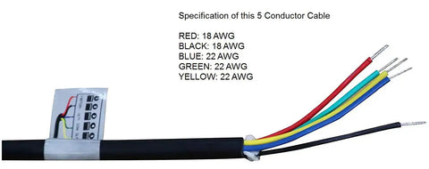 25 Foot Extension 5 Conductor Gate Opener Cable With Original Core Wire, showing color-coded wires and specs for swing gate actuator connections.