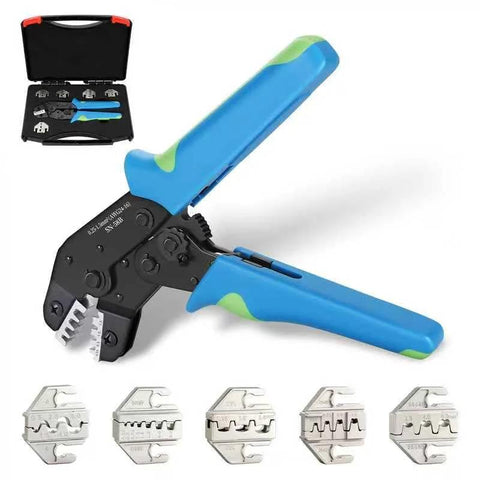 Six Piece Ratcheting Crimping Tool Set With Pro Grade Wire Crimper Jaws shown with various jaw sizes and carry case