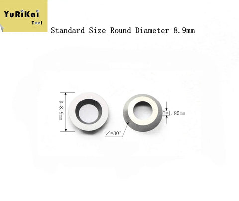 Round Carbide Cutter Set For Wood Lathe Hollowing And Wood Turning One Third Inch Diameter 8.9mm 30 Degree Cutting Angle Tungsten Carbide Finishers Tools DIY Hollowing Bits For Pros And Beginners 10 Pieces, showing two cutters with measurements.