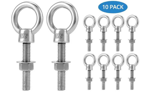 Threaded Eyebolts 10 Pack 3/8 X 2 Inches, 304 Stainless Steel Marine Grade Shoulder Eye Bolts, Rust Resistant with Nuts