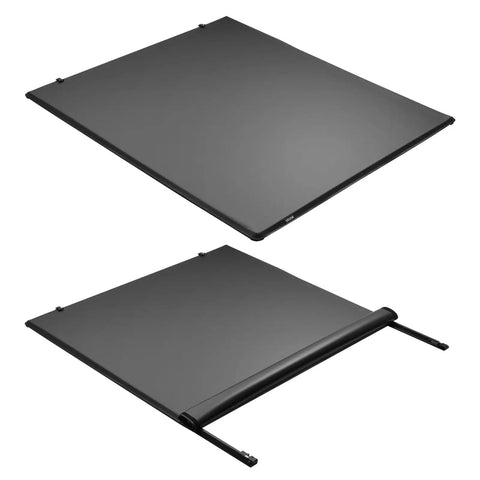 Soft Roll Up Truck Bed Tonneau Cover For 6 Ft 4 In Beds Built To Last Fits 2019 2024 Ram 1500 Classic And 2003 2025 Ram 2500 3500 PVC Tonneau Cover With Aluminum Alloy Bars, showing the cover in rolled-up and flat positions.