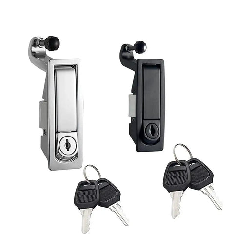 4 Pack Hand Operated Compression Latch Locks Flush Mount Zinc Alloy Lever Black with keys, front view.