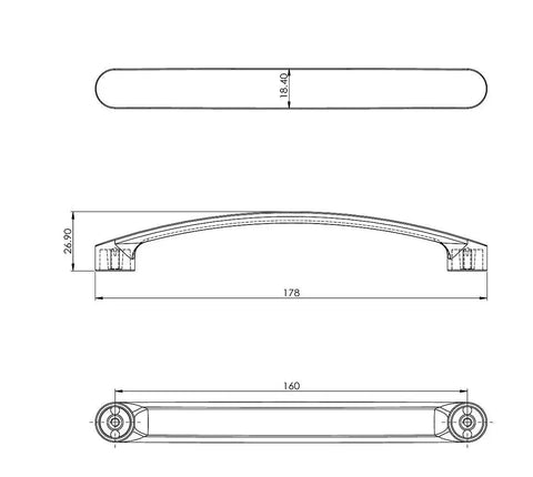 Technical drawing of Monterey Collection 6 5 16 Inch Center To Center Matte Black Modern Arched Cabinet Pull with dimensions
