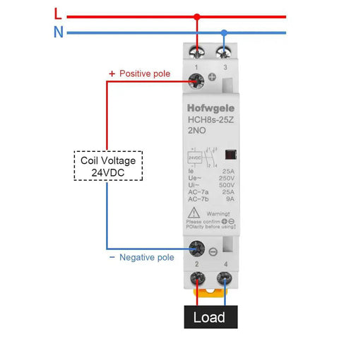 Front view of 2 Pole AC Contactor with 24V DC coil 25A load showing wiring diagram, DIN rail mount, for lighting and power circuits motor control