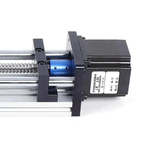 Close-up of Beefy 100 200 300mm CNC Ball Screw Linear Actuator With Nema 23 Stepper Motor, showing motor and screw rail details.