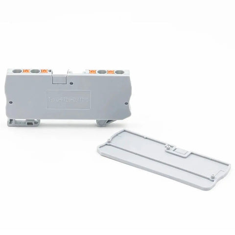 50 Pack No-Fuss Easy Install DIN Rail End Clamp Terminal Blocks With Anti-Lock Spring For 0.2-4mm Wires, Quattro Style, shown front and side.