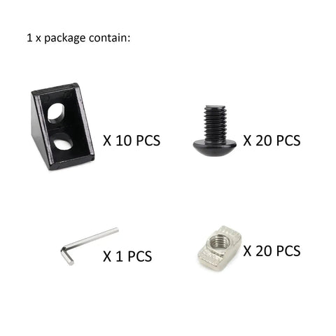 Package contents showing Ten Pack 20mm Aluminum T Slot Corner Brackets For 90 Degree Joins With M5 Bolts And Nuts and hex key