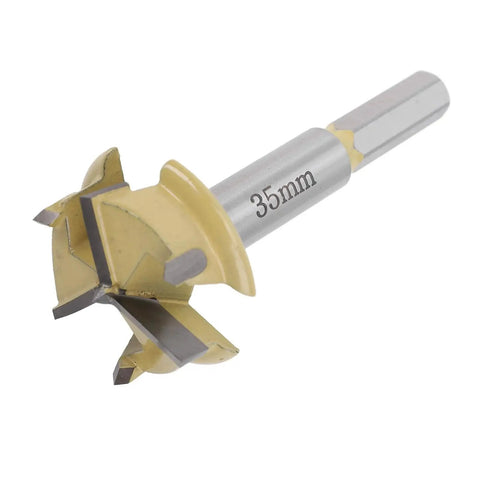 Front view of 35mm Hinge Boring Bit With 9mm Hex Shank And 10mm Drilling Depth, 3 Flute Hinge Hole Cutter for woodworking in metal.