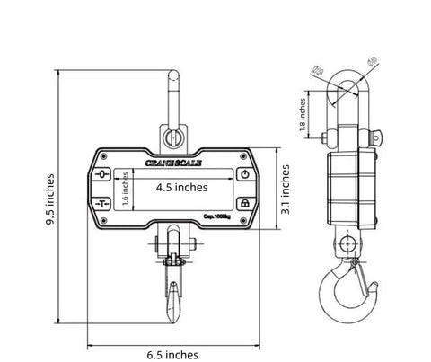 Diagram of Heavy Duty Crane Scale 2000kg 4000lb With LCD Display, Industrial Hanging Scale, dimensions in inches shown.