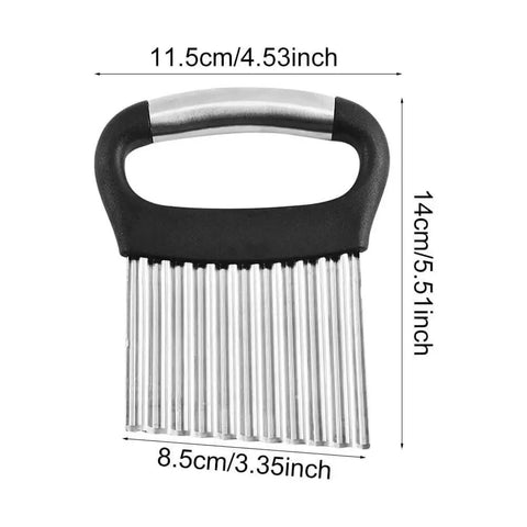 Crinkle Cutter For Veggies And Fries Large Wavy Slicer For Potatoes Carrots And Fruits Stainless Steel Kitchen Cutter Go To Tool Dishwasher Safe Easy To Clean French Fry Style Chopper Durable Silver Black shown with measurements
