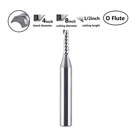 Five Piece Carbide End Mill Set for CNC Routers With Single Flute Spiral Bits, 1/8 Inch Cutting Diameter, 1/4 Inch Shank.