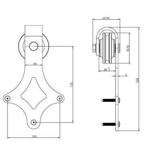Technical diagram of Gold Barn Door Hardware Kit with 72 Inch Adjustable Length, showing diamond shaped rollers and measurements.