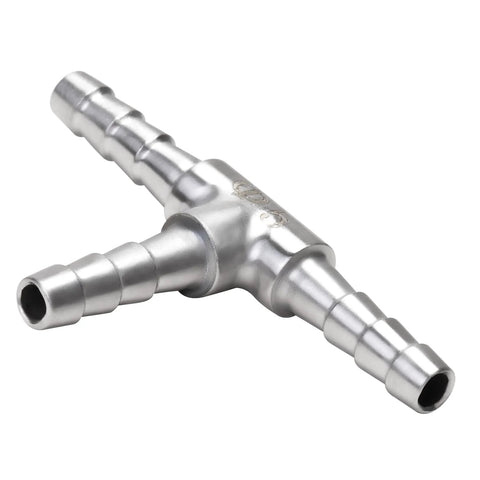 Stainless steel 3-way hose barb T-fitting with three 3/16" barb ends for home brew tubing.