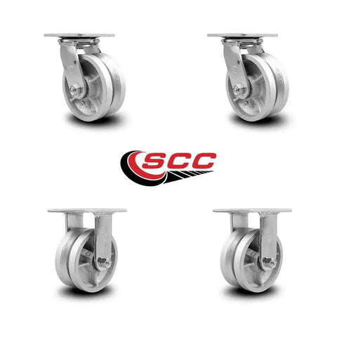 Beefy Heavy Duty Swivel Caster Set Of Four With Five Inch V Groove Semi Steel Cast Iron Wheels And Ball Bearings