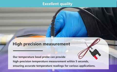 Type K thermocouple bead probe with clamp, model 80BK-A, black cable for Fluke multimeters