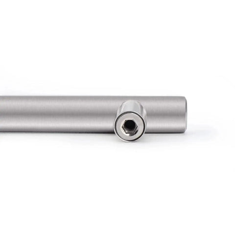 Close-up of brushed nickel Euro T-bar handle from 30 Pack 3 Inch Hole Centers Kitchen Cabinet Handles in stainless steel, 5 inch total length.