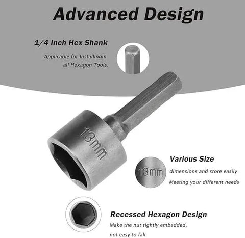 13mm hexagon driver from 14 Piece Power Nuts Driver Drill Bit Set With Metric Sockets And Wrenches, One Quarter Inch Hex Driver Bits And Hex Keys