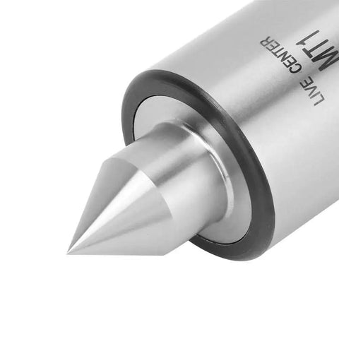 Close-up of MT1 Triple Bearing Live Center for Metal Lathe Turning, showing 60-degree hard alloy steel core and dust seal.