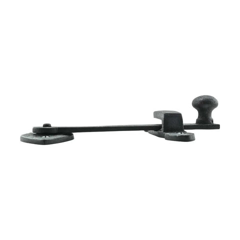 Side view of Black Wrought Iron Gate Flip Latch 4 Inch Tall Decorative Antique Heart Style Medium To Light Duty Door Lock Hardware.