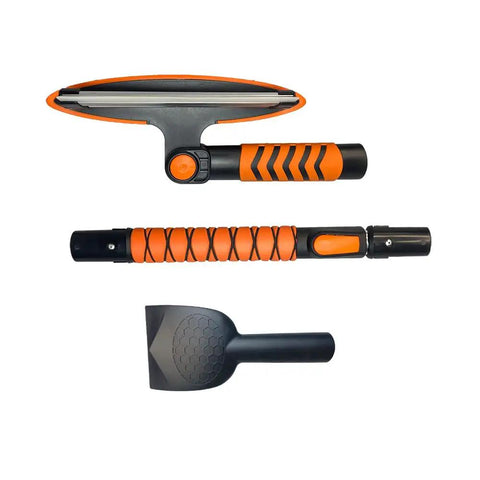 All In One 4 In 1 Car Snow Brush And Ice Scraper With 45 Inch Extendable Reach 180 Degree Rotating Head Squeegee EVA Grip Emergency Shovel For Trucks And SUVs GearFlag, viewed from above, showcasing the snow brush, squeegee, and scraper.