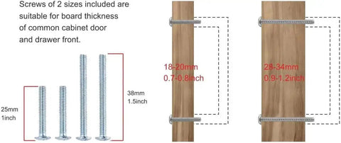 Screw sizes for 10 Pack 2-1/2 Inch Polished Nickel Drawer Pulls, showing measurements for cabinet and drawer installation.