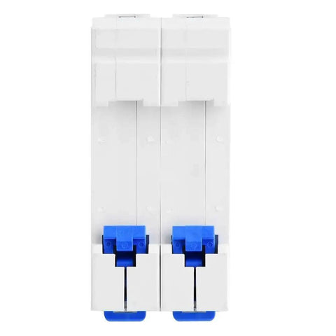 Front view of DZ47-63 2 Pole 400V AC Miniature Circuit Breaker With Leakage Air Switch 63A, shown in white and blue.