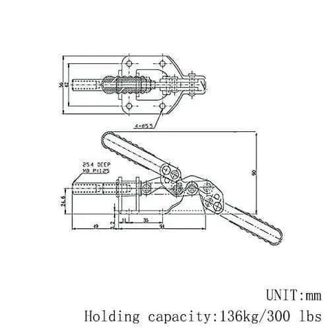 Technical drawing of Beefy Pro Grade Toggle Clamp Quick Release Push Pull 302F, 300 Lbs Holding Capacity