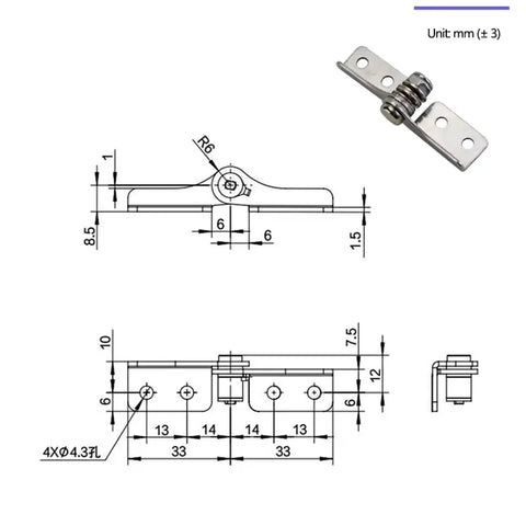Stainless steel damping hinge with adjustable torque and free stop; front and side views; 1 piece