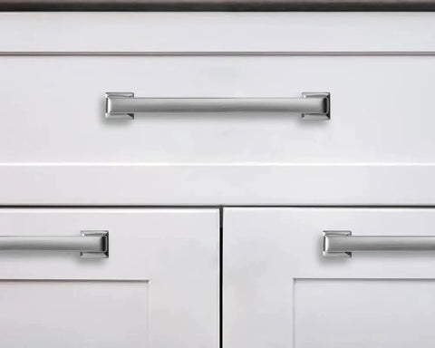 Brushed Satin Nickel Cabinet Pulls 20 Pack 3-3/4 Inch Hole Centers Straight Bar Handles installed on white cabinets, kitchen hardware.
