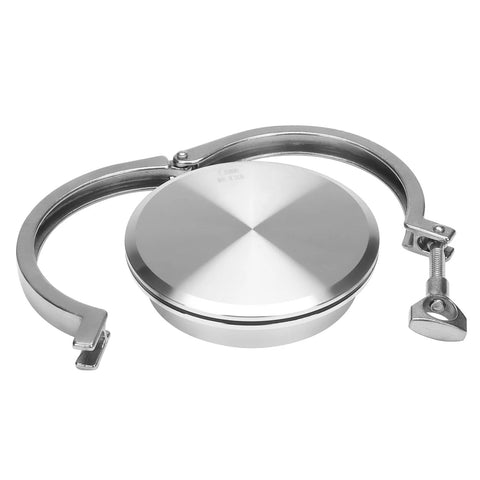 4-inch stainless steel sanitary end cap with tri-clamp ring and clamp hardware