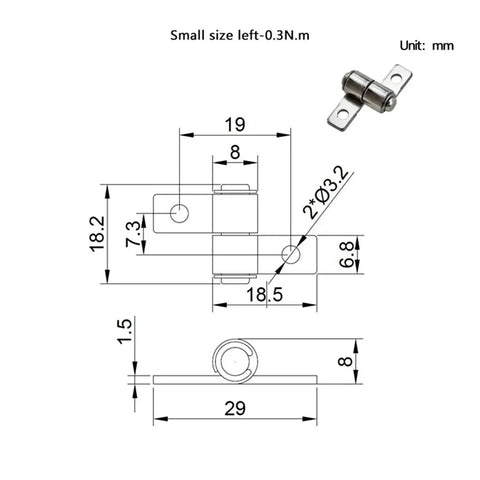 360-degree adjustable stop-damping hinge with mounting plate; left version, 0.3 N·m torque, mm-dimension drawing.