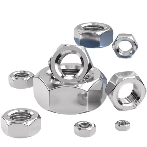 Various sizes of stainless steel hex nuts designed for use with M8 Stainless Steel Double End Studs Hex Head With Right And Left Hand Threads.