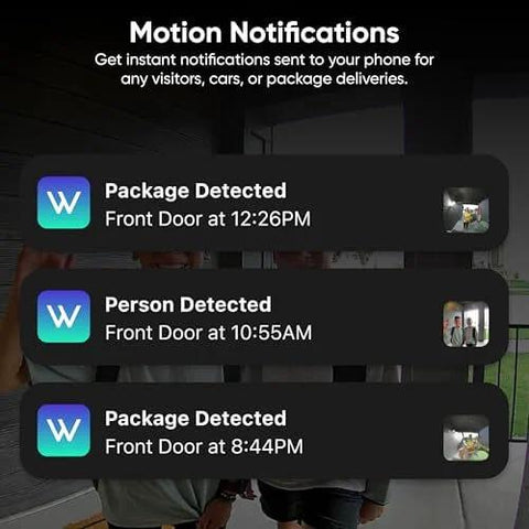 Motion notifications shown on smartphone for Battery Powered Video Doorbell Camera With 1-To-1 Head-To-Toe View, HD Plus 1536x1536.