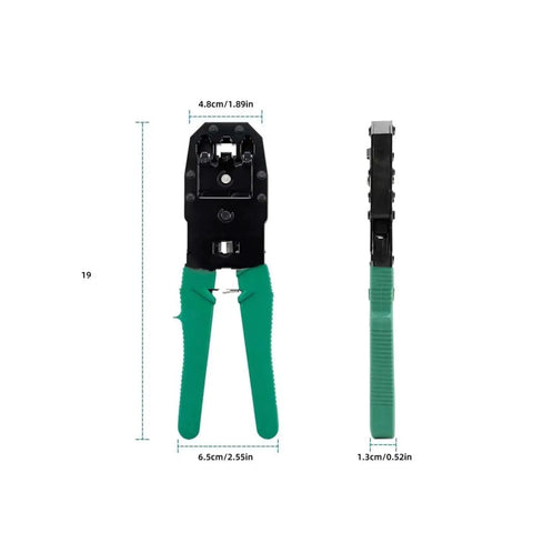 Pro Grade Cat5 Network Cabling Tools And Battery Tester Set: green crimping tool front and side view with measurements
