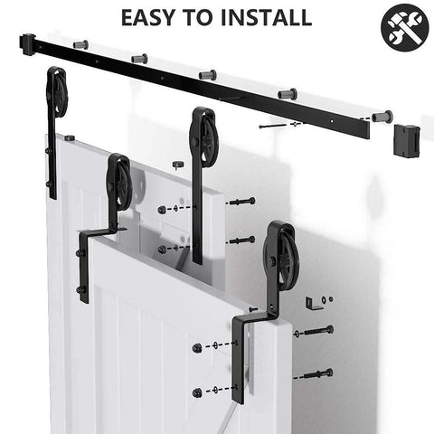 Heavy Duty Sliding Barn Door Hardware Kit Single Track Bypass System For Double Doors Black Powder Coat Six Point Six Foot Long