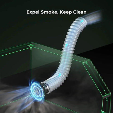 Vent pipe expelling smoke from Laser Engraver Enclosure With Fireproof And Dustproof Protective Cover Built In Fan And Pipe For Most Laser Engravers 27.5x28.3x15.7In Reduces Smoke Odor Noise And Provides Eye Protection Creality
