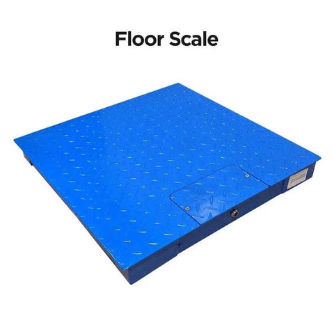 Beefy Heavy Duty Industrial Floor Scale With Carbon Steel Ramp For Pallet Weighing In Warehouse, 10,000 Lb Capacity, Accurate Digital Indicator Included, Rechargeable Battery Powered, 60 By 60 Inch Platform, shown empty.