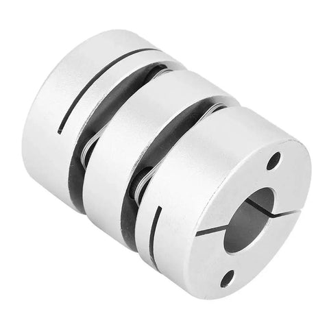 Aluminum alloy shaft coupling adapter; split design, silver finish, motor connection sleeve (front view)