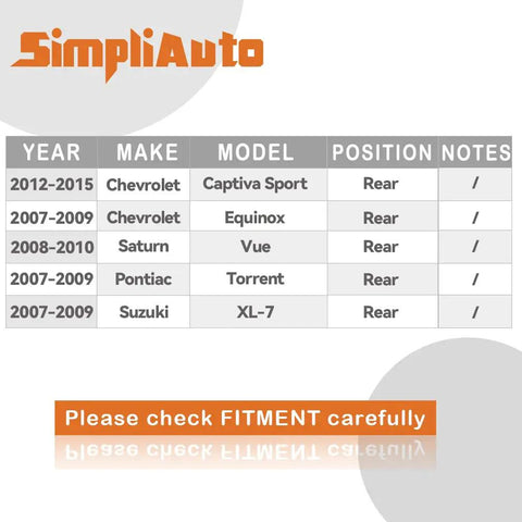 Compatibility chart for Rear Wheel Hub Bearing Assembly 512358 For 2012 To 2015 Chevrolet Captiva Sport, 2007 To 2009 Chevrolet Equinox.