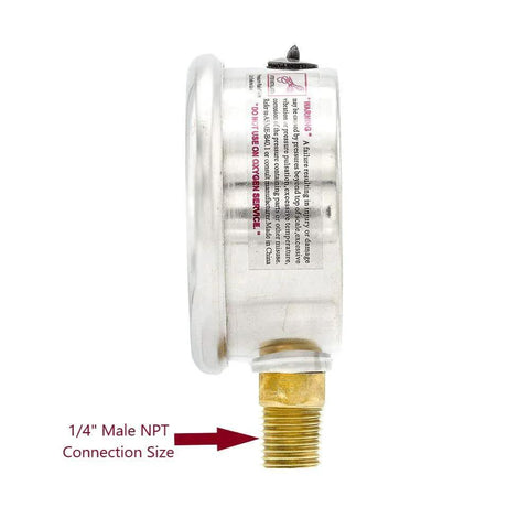 Side view of Heavy Duty Dual Scale Vacuum And PSI Pressure Gauge With Two And A Half Inch Dial One Quarter Inch Male NPT Bottom Mount