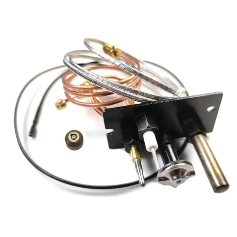 Pilot assembly for NG/LPG fireplace with 750mV thermopile; copper coil, black mounting plate, and metal valve shaft.