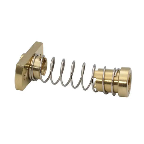 Side view of Two Pack T8 Anti Backlash Brass Nut Set for 8mm Lead Screws showing brass nut with spring, compatible with Ender 3 printers.