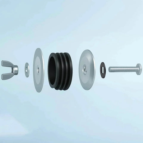 Exploded view of 4 Inch Mechanical Pipe Test Plug With Galvanized Screw And Steel Wing Nut End Of Pipe Gripper Expanding Rubber Stopper